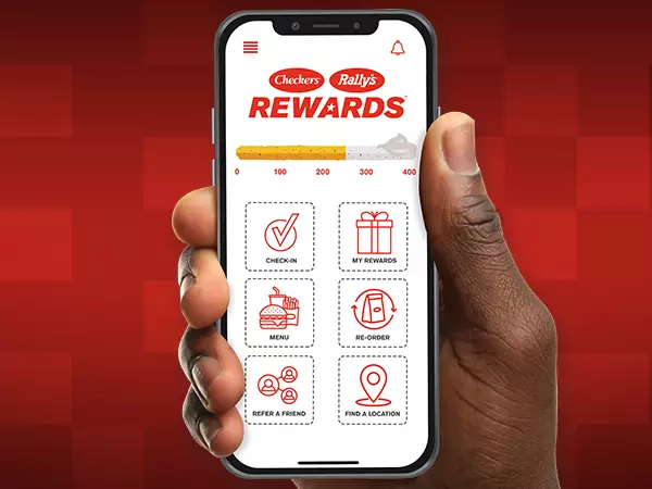 Checkers & Rally's Rewards App being shown on a Phone held by a hand